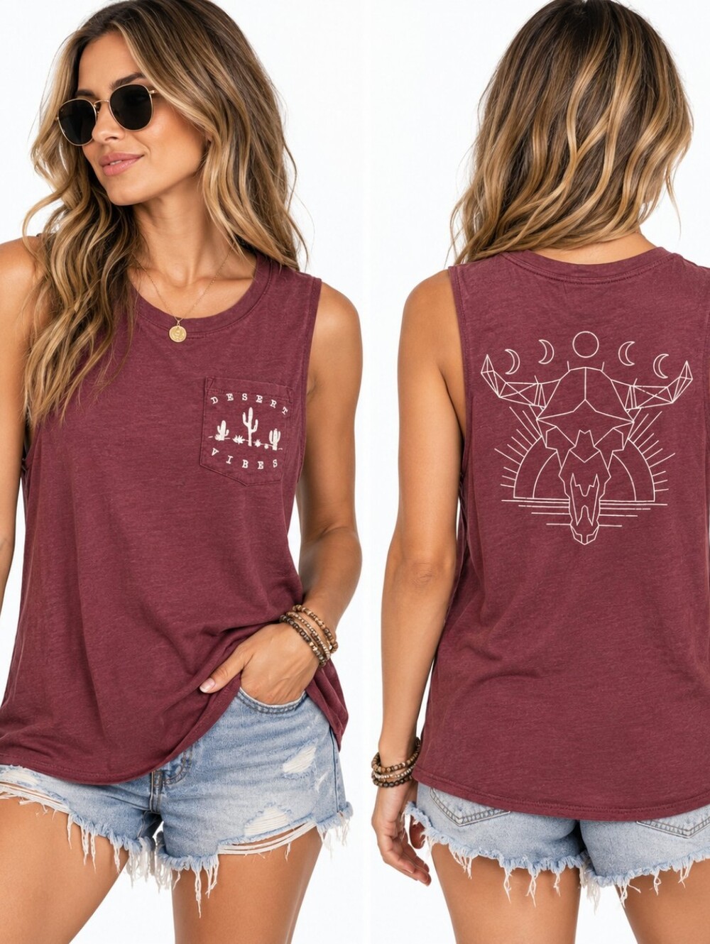 Desert Vibes Burgundy Graphic Muscle Tank XL Cactus Bull Skull Boho Western